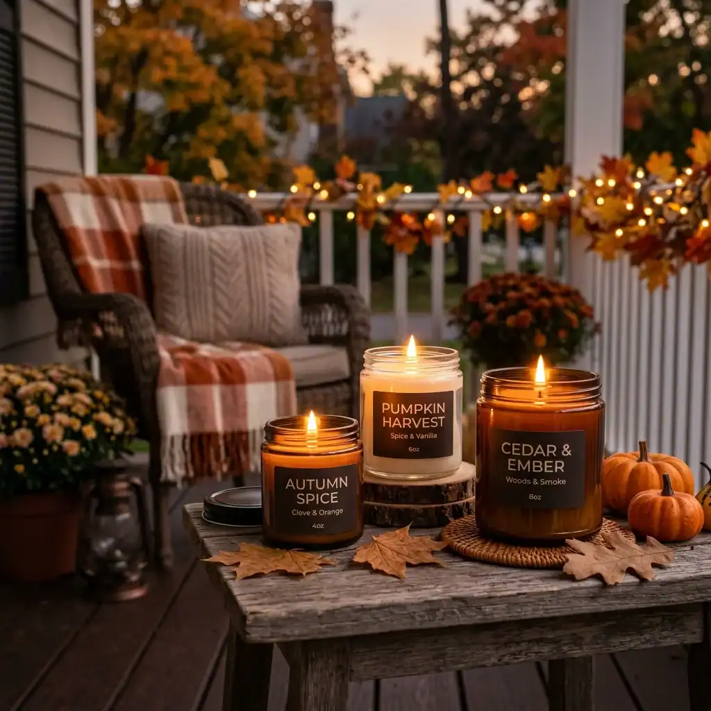 Fall-scented candle display finishing a cozy porch decor look