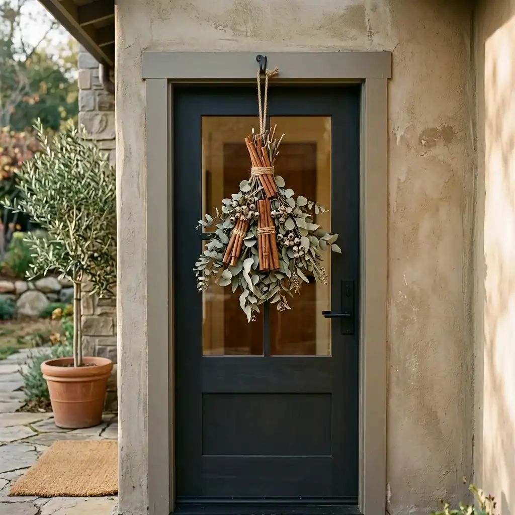 Cinnamon stick and eucalyptus swag for small fall porch decor