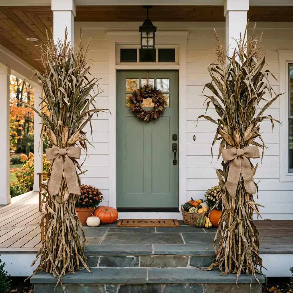 Corn stalk bundles flanking a door for autumn porch decor