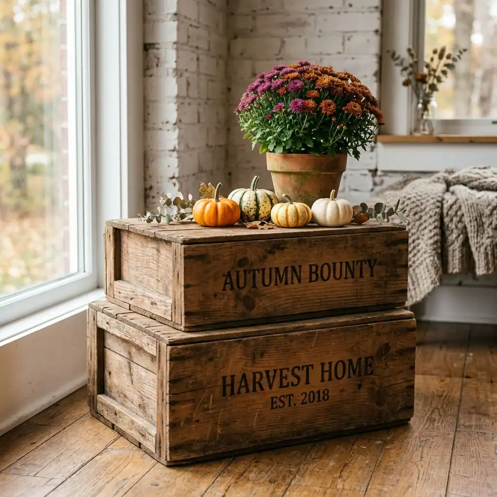 Rustic wood crate steps used for fall porch decor display