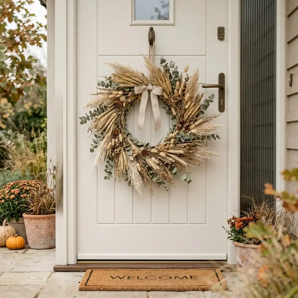 Oversized dried floral wreath for modern fall porch decor