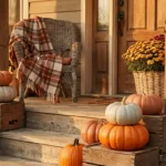 Cozy front porch styled with fall porch decor pumpkins, mums, and warm lights