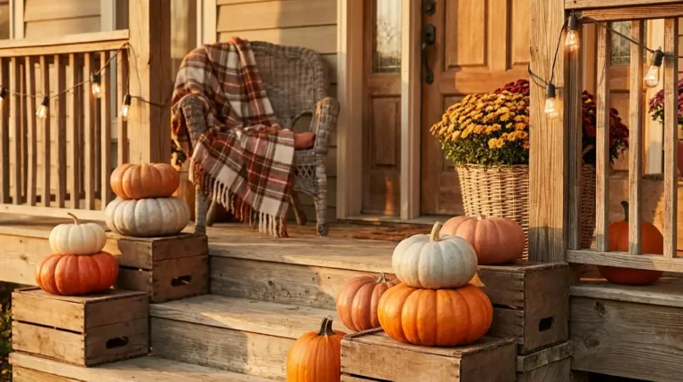 Cozy front porch styled with fall porch decor pumpkins, mums, and warm lights