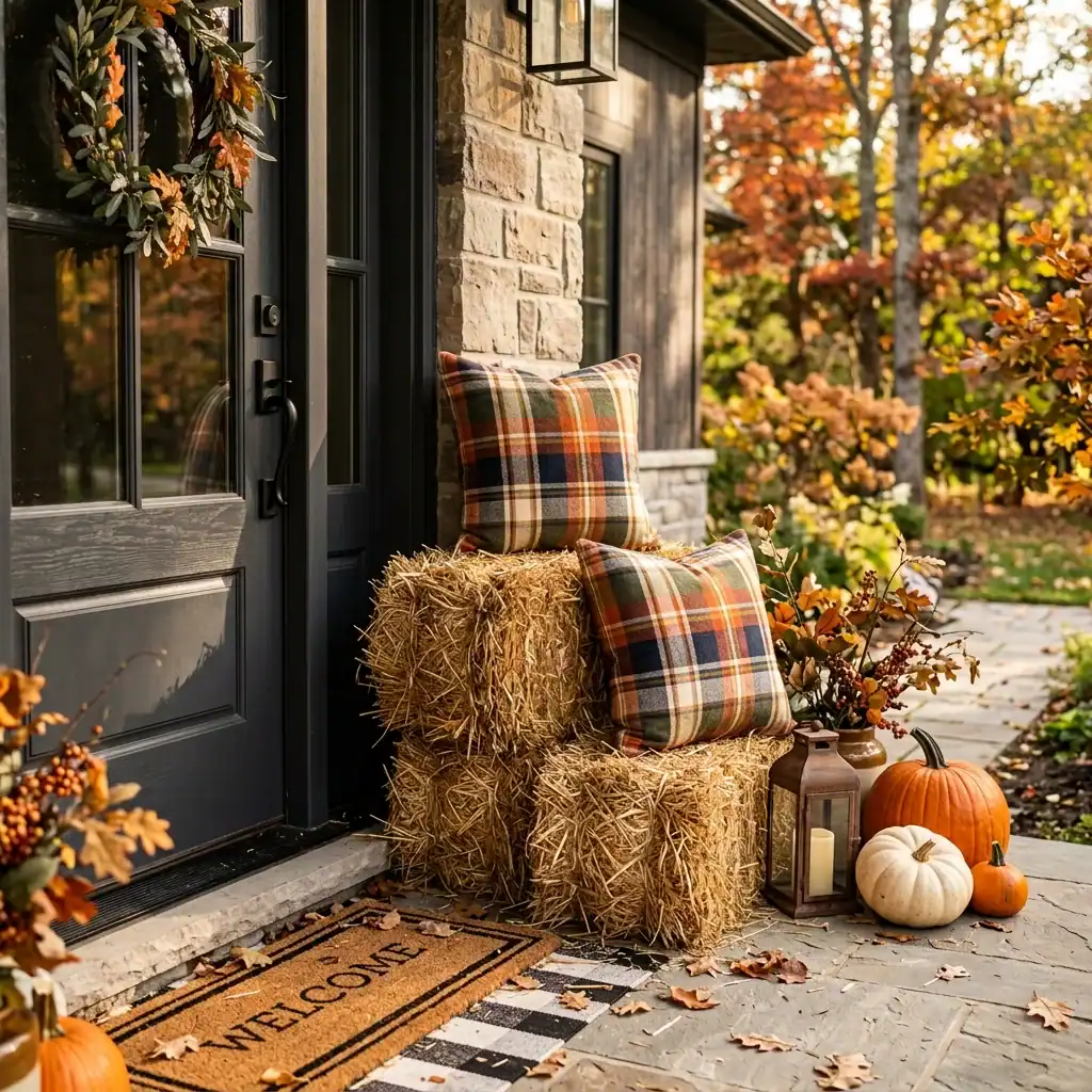 Hay bale seating nook styled as a fall porch decor idea