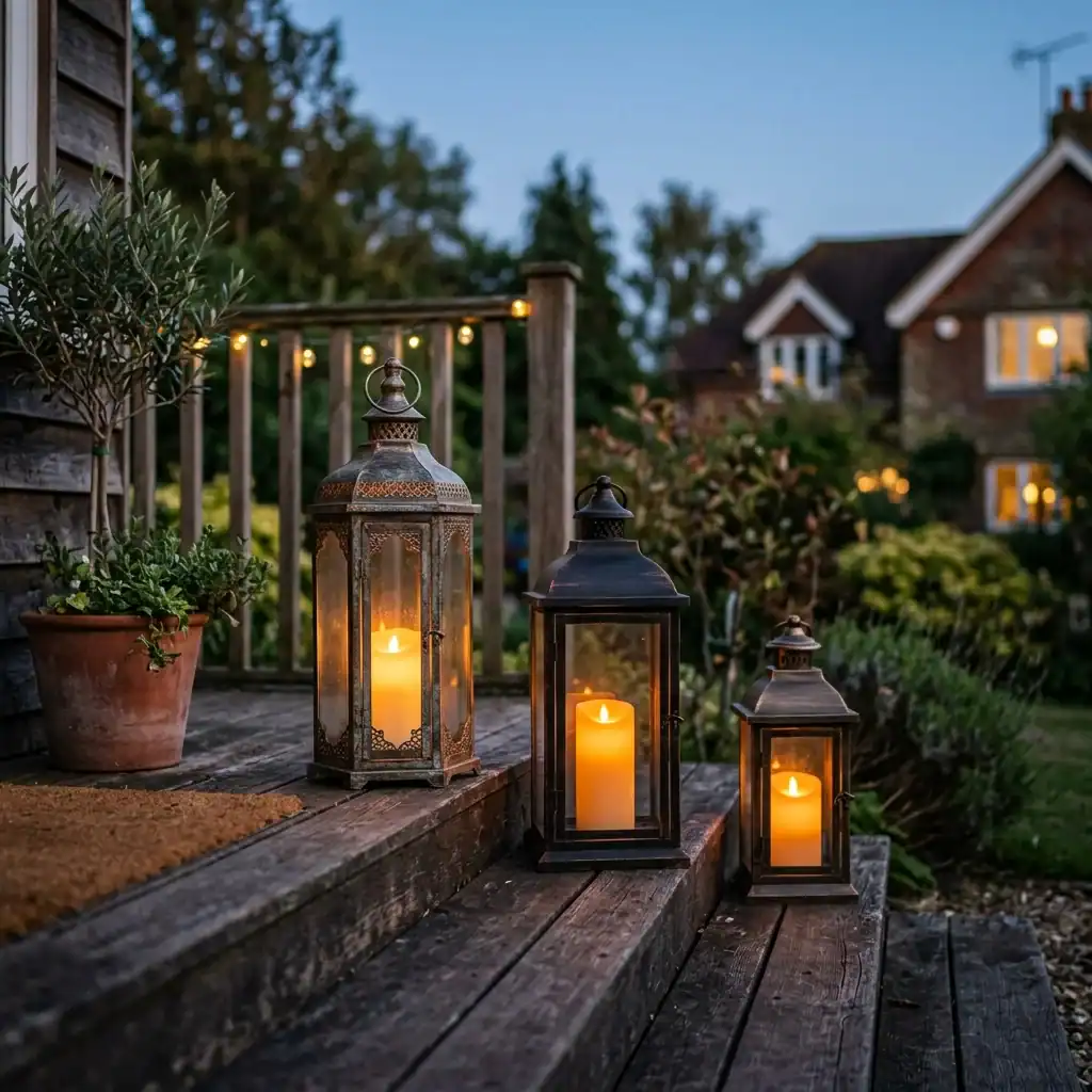 Vintage lantern trio glowing on a fall porch at dusk