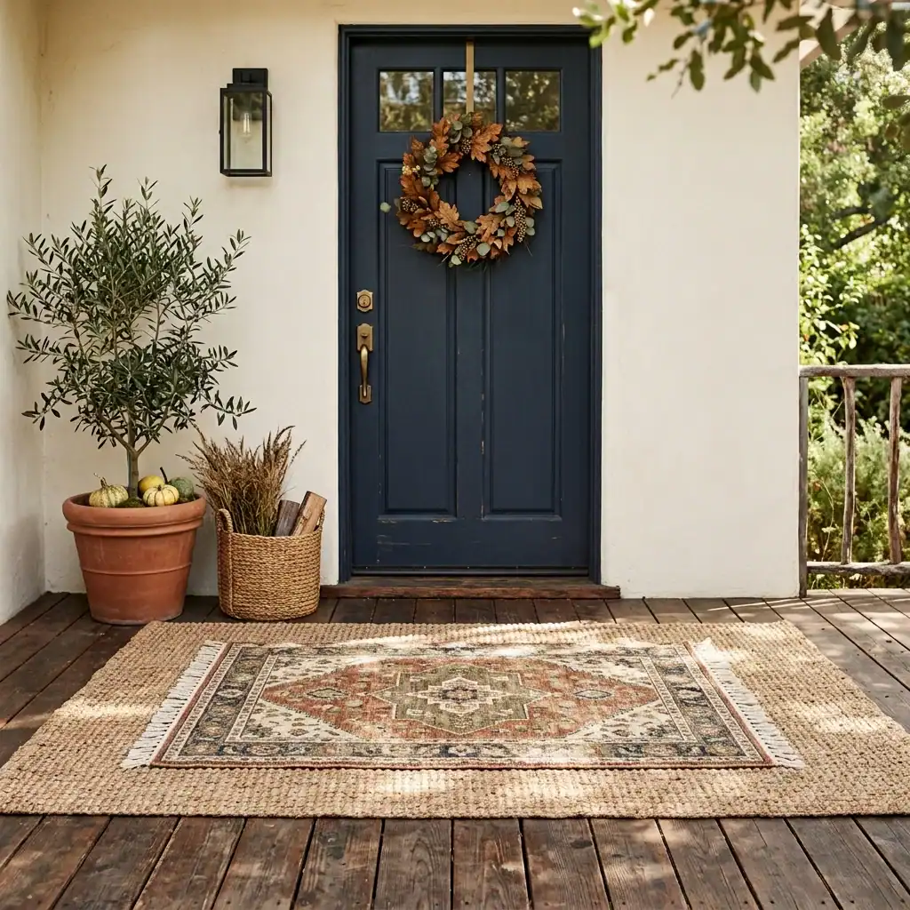 Layered autumn print rugs styled as fall porch decor