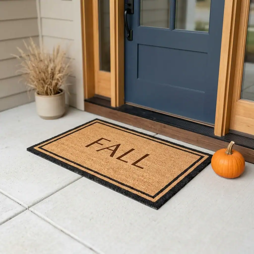 Minimalist doormat as part of modern fall porch decor