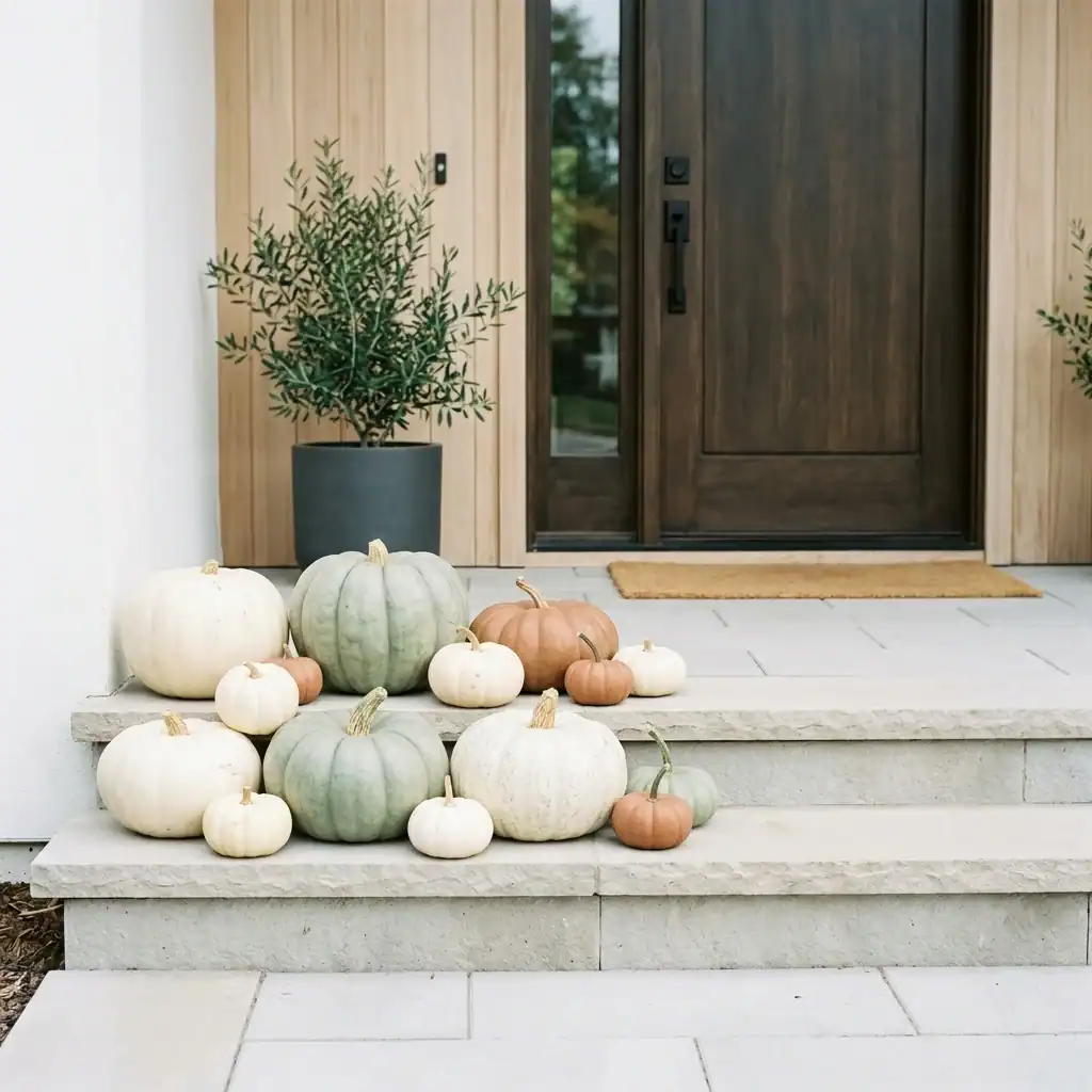 Neutral white and sage pumpkins for modern fall porch decor