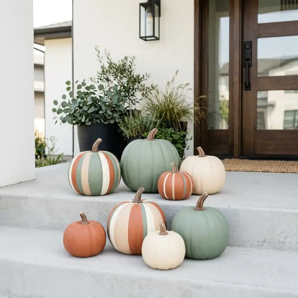 Painted pumpkin display as a modern fall porch decor idea