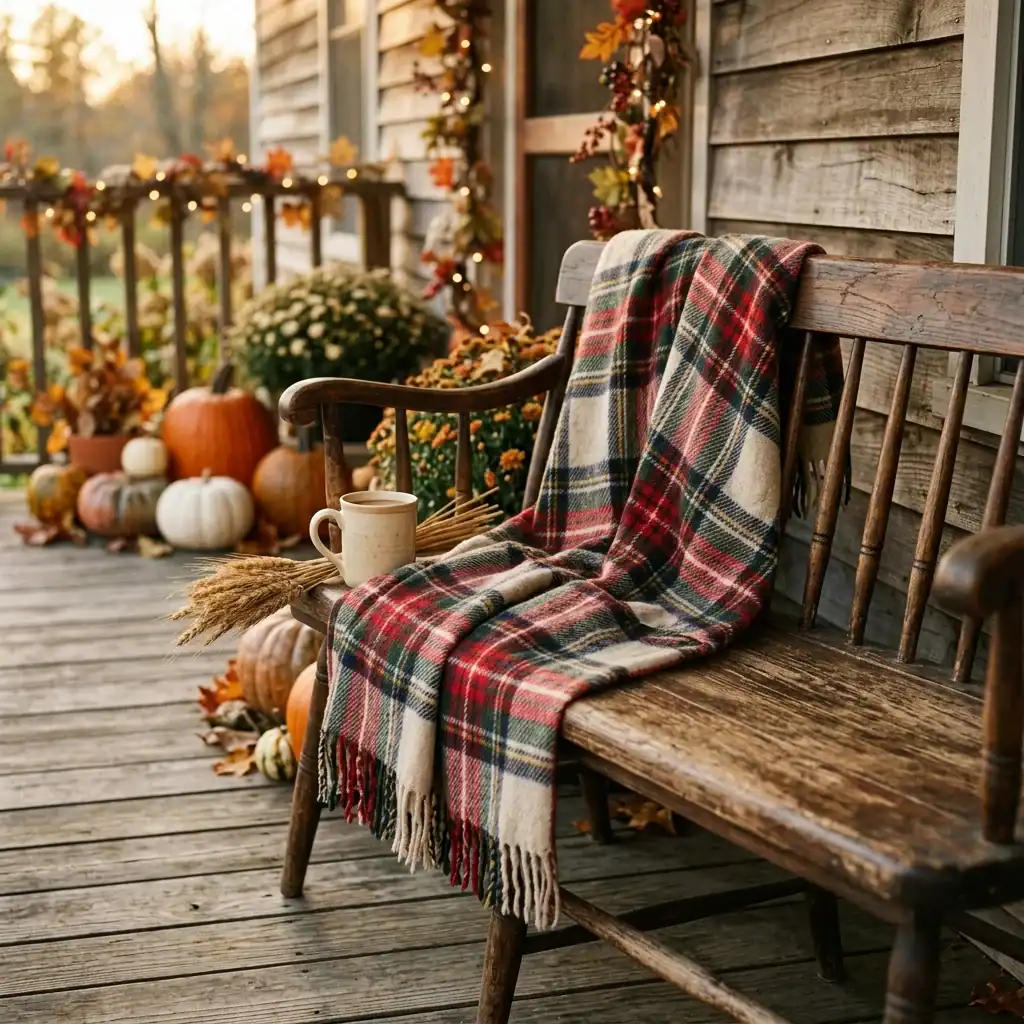 Plaid throw blanket draped for cozy fall porch decor styling