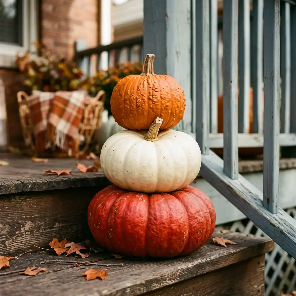 Layered fall porch decor pumpkin stack in orange white and red