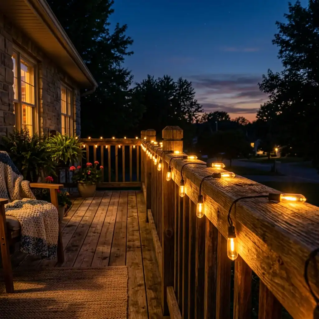 Amber string lights wrapped around railing for fall porch decor