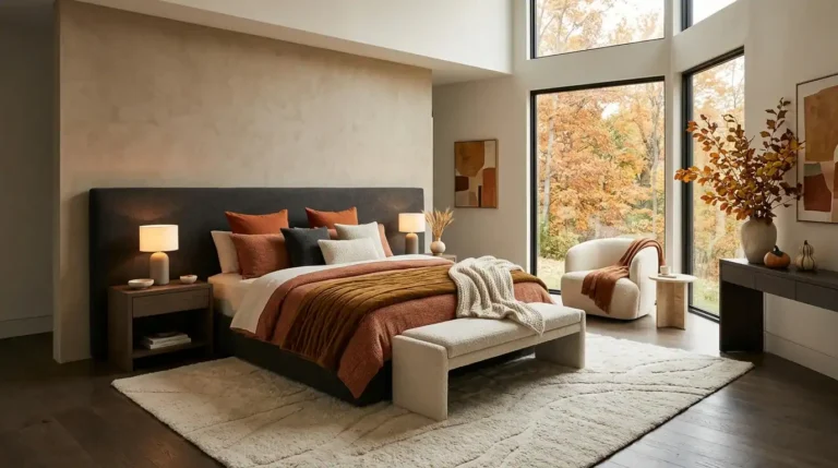 Cozy fall room decor bedroom corner with warm throw and candle