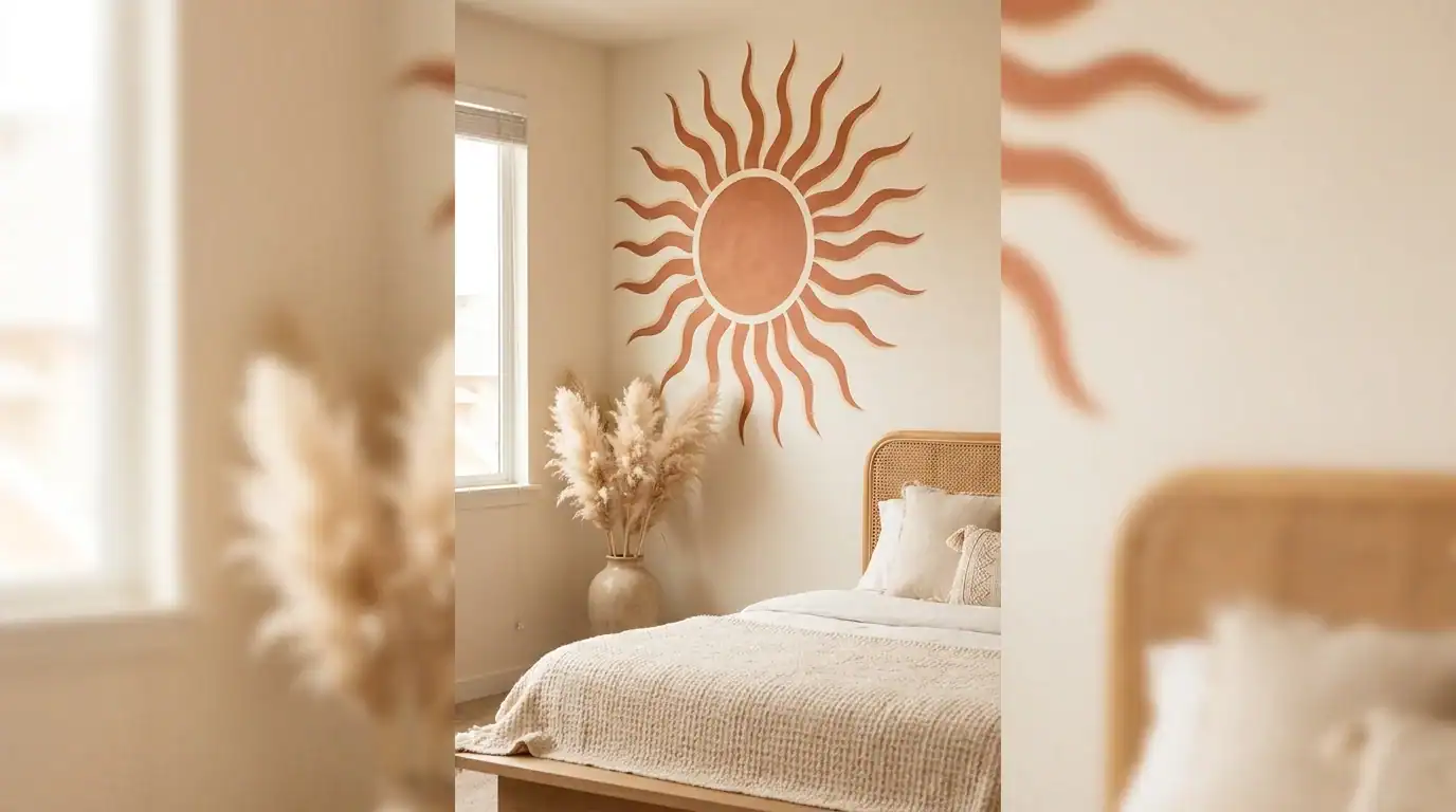 Finished terracotta boho sun wall mural painted above a bed