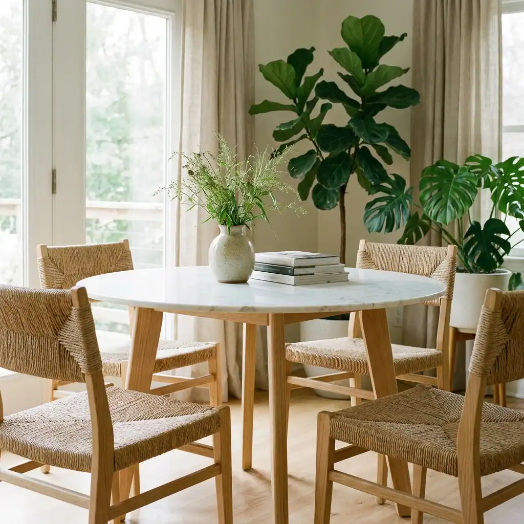 48-inch round white marble dining table with blonde wood legs in a Scandinavian dining room