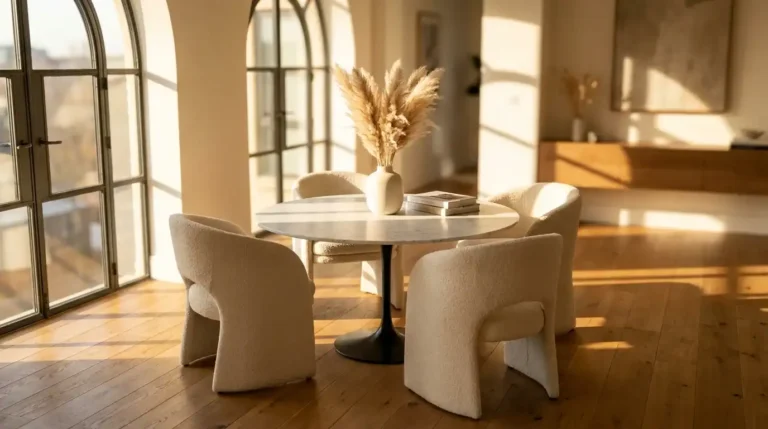 Rectangular Carrara marble dining table with walnut legs in a sunlit dining room