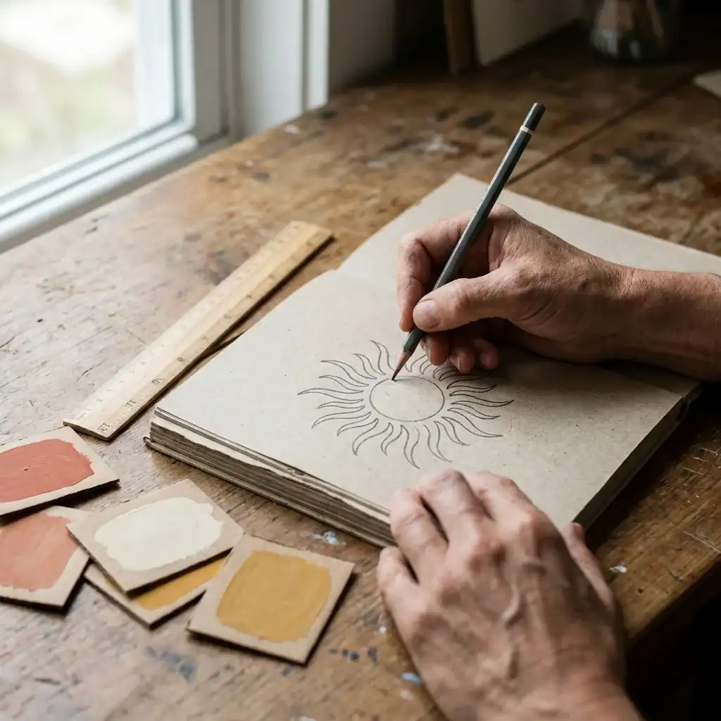 Hand sketching a boho sun mural design on paper