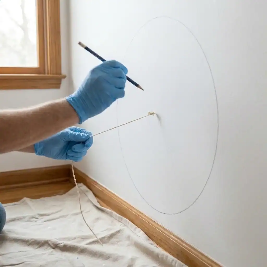 Using a string and pencil to trace a mural sun circle