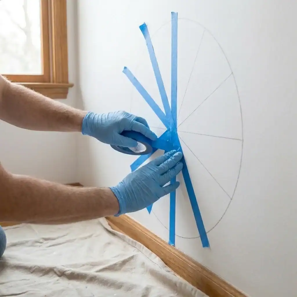 Taping ray outlines for a boho sun wall mural