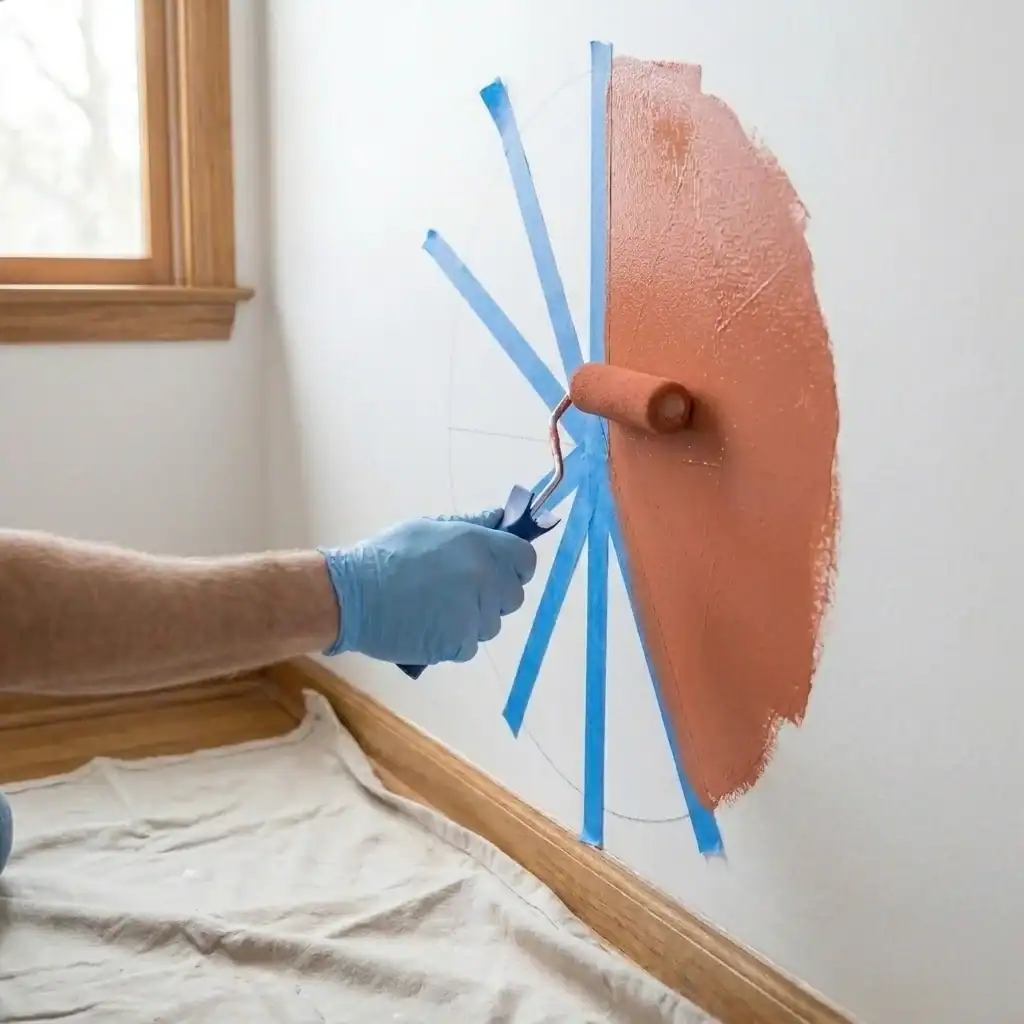 Rolling on the base coat of a boho sun wall mural