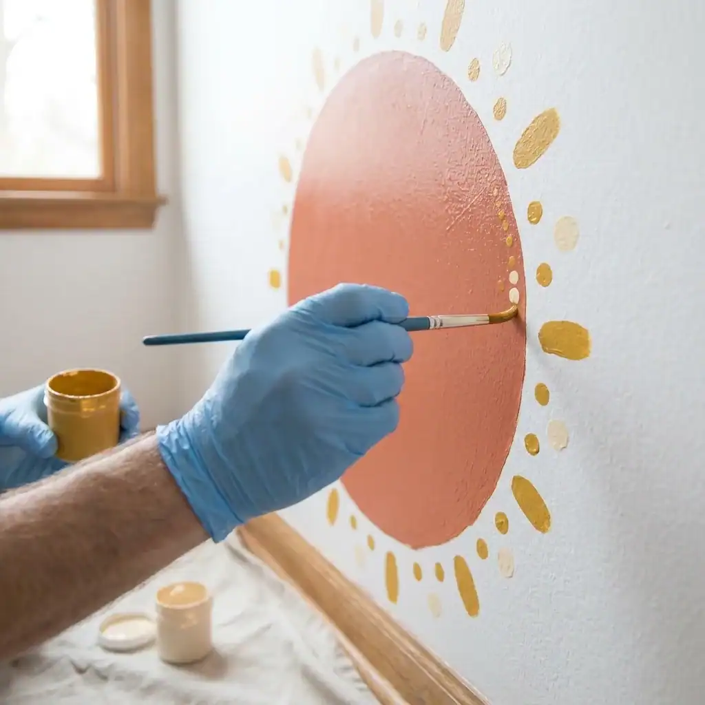 Adding fine boho details to a finished sun wall mural