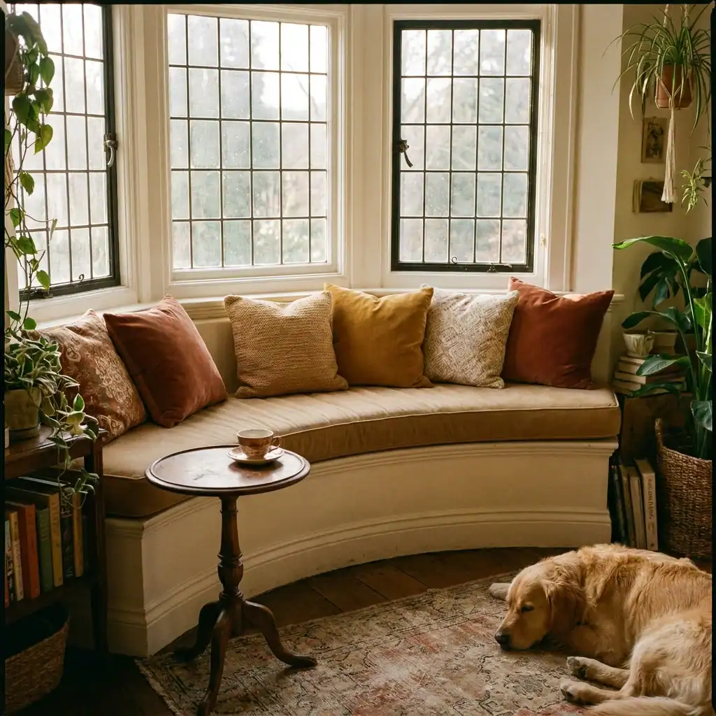 Bay window reading nook bench with warm cushions and light
Vintage Armchair by the Glass