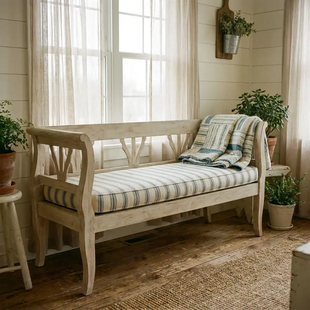Cottage-style window reading nook bench with striped cushion
Wood-Framed Reading Alcove