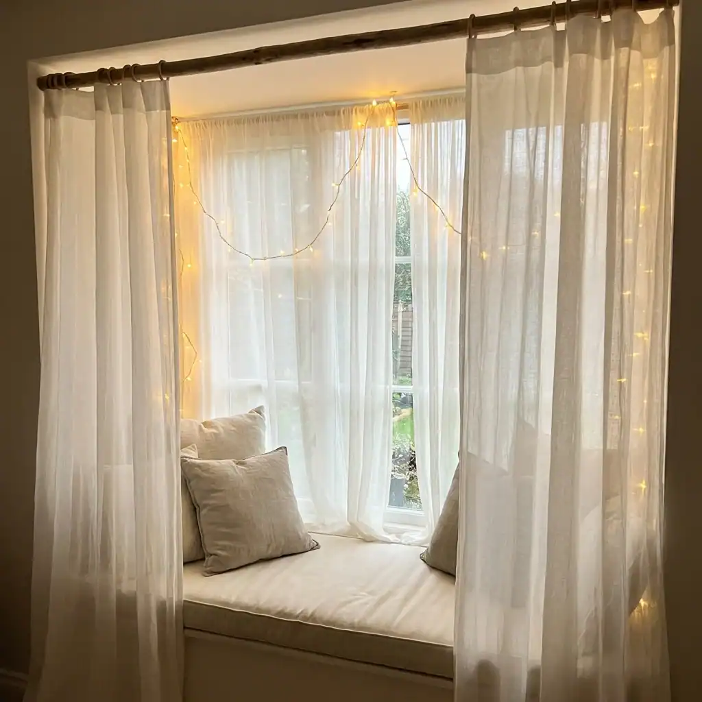 Curtain-draped window reading nook tent with fairy lights
Sunroom Reading Corner