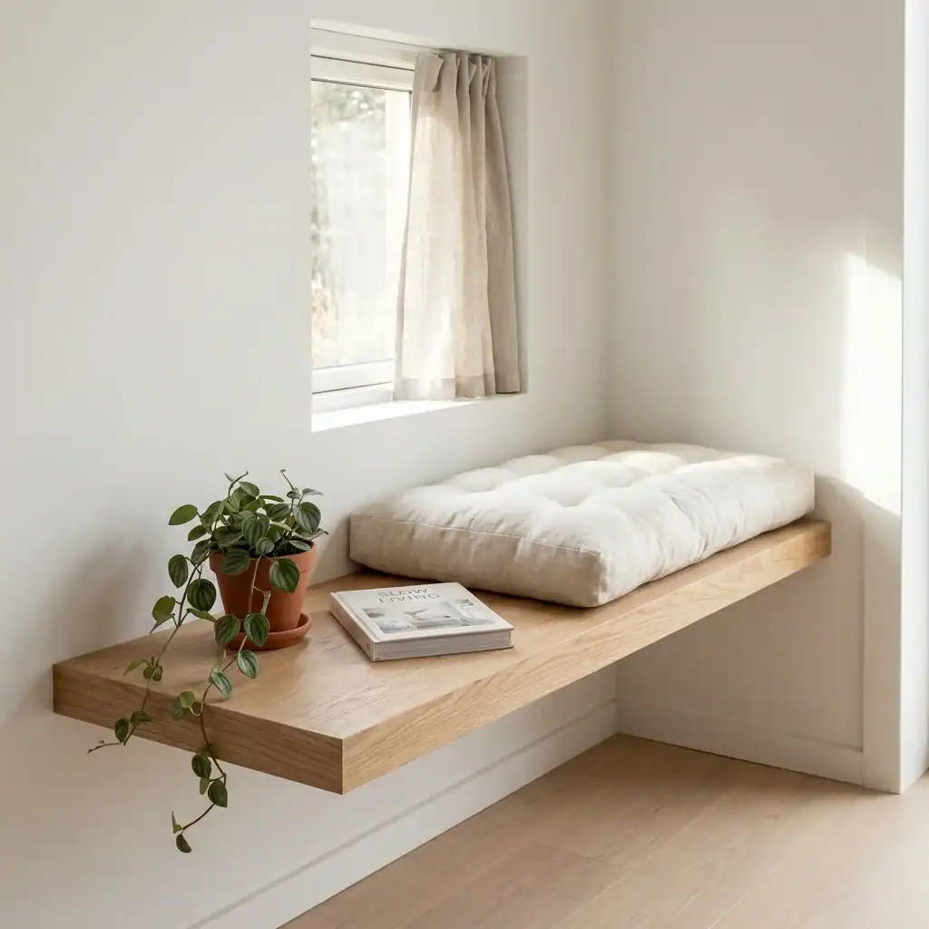 Floating shelf window reading nook for small spaces
DIY Pallet Window Bench