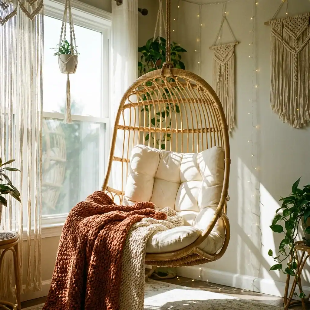 Hanging chair window reading nook with boho style
Floor Cushion Reading Spot
