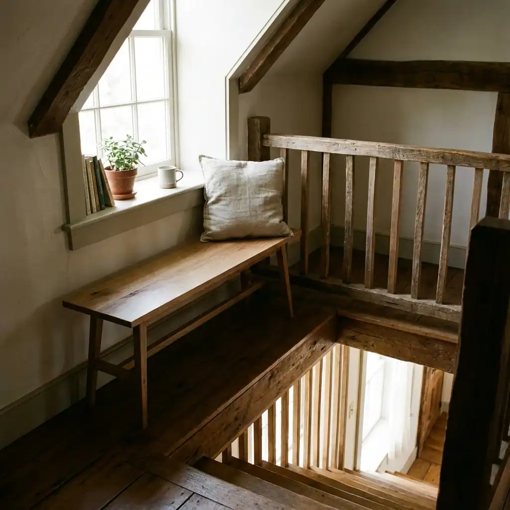 Loft window reading nook perch above an open staircase
Two-Person Window Bench for Couples