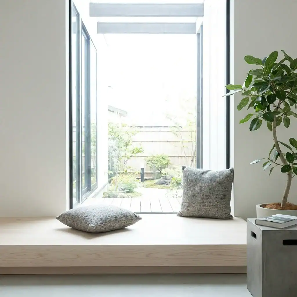 Minimalist modern window reading nook with glass wall
Curtain-Draped Reading Tent