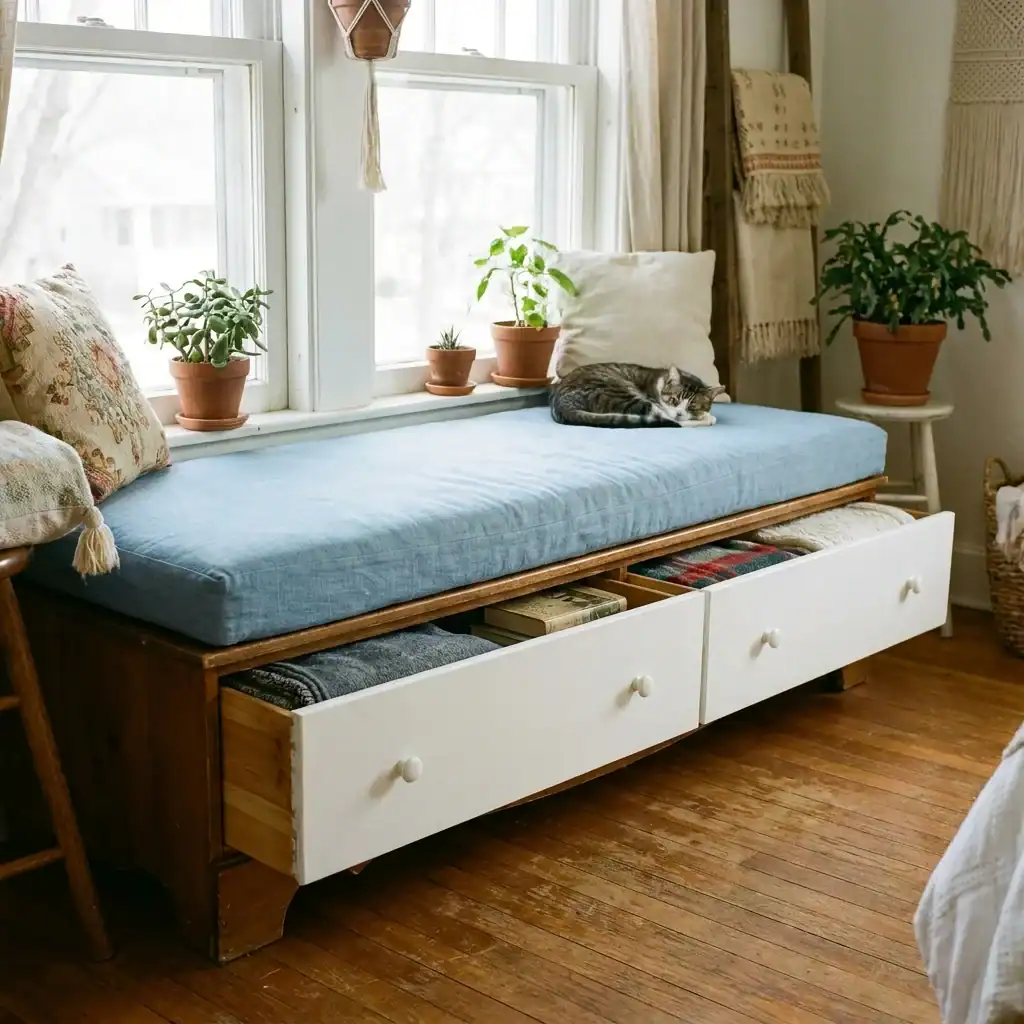 Repurposed dresser window reading nook seat idea
Minimalist Glass-Box Nook