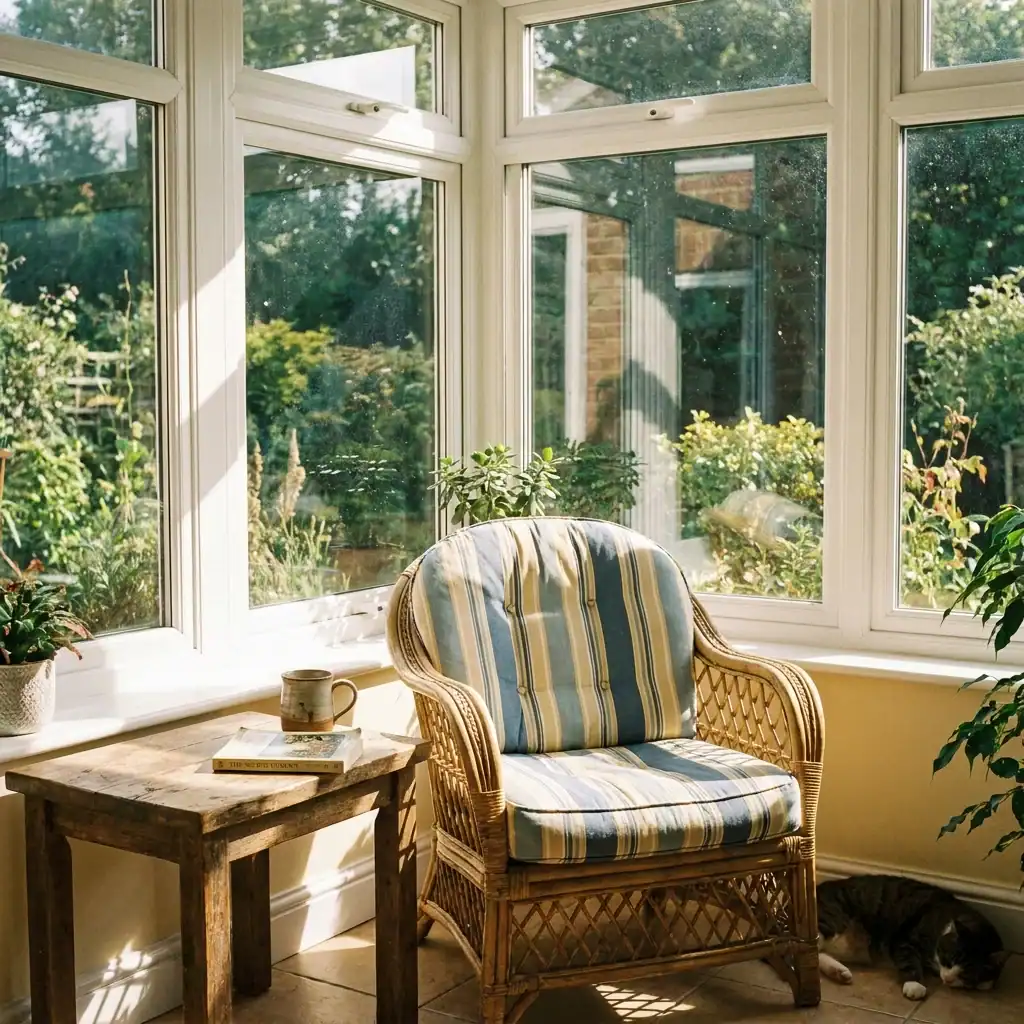 Sunroom window reading nook corner with bright natural light
Loft Window Reading Perch