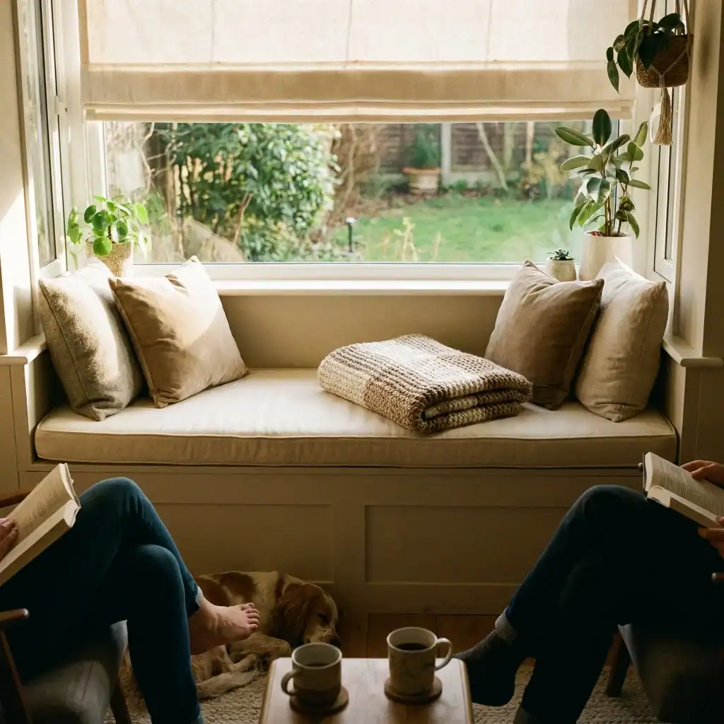 Two-person window reading nook bench for couples