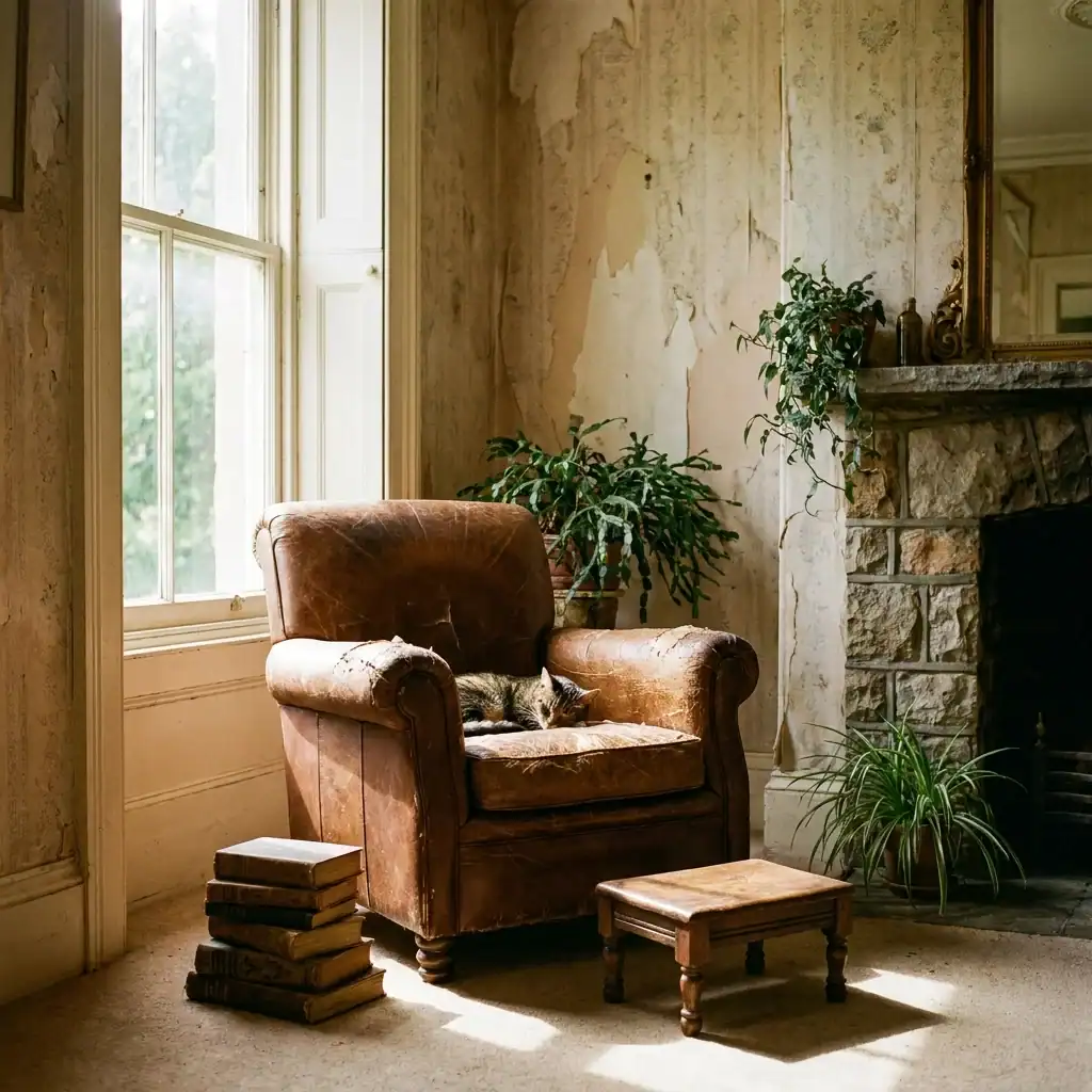 Vintage armchair window reading nook with soft natural light
Cushioned Cottage-Style Bench