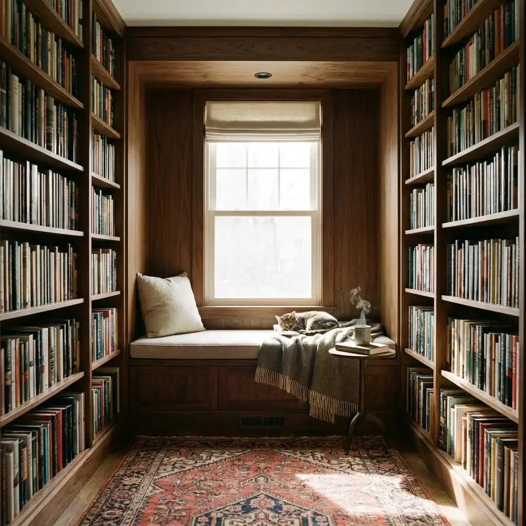 Wood-framed window reading nook alcove with built-in bookshelves
Floating Shelf Corner Nook