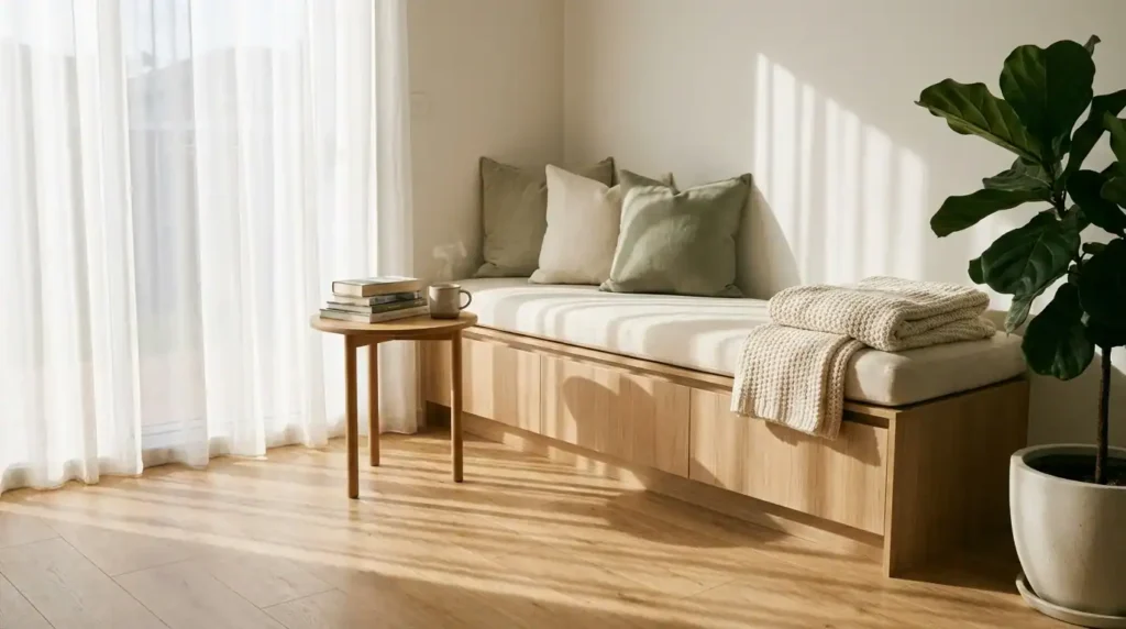 Cozy window reading nooks with cushions and warm natural light