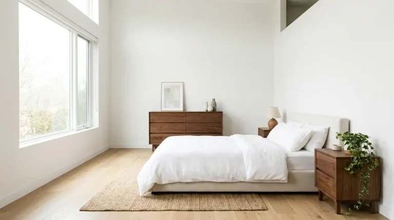 Bright modern bedroom showing one of the best bedroom furniture sets under $500: a walnut dresser and matching nightstands