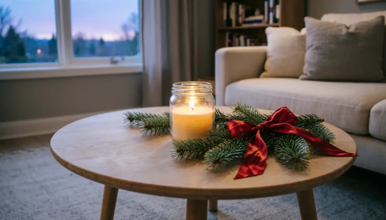 Lit Christmas candle on a coffee table with pine branches in a cozy living room