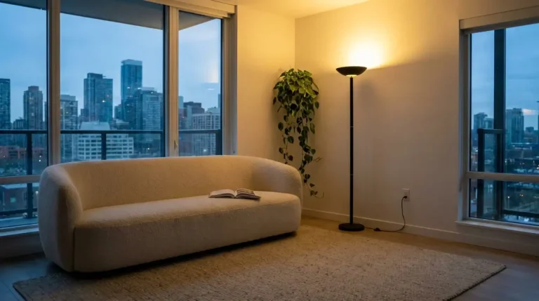 Best floor lamps for living room glowing warm light beside a cozy sofa