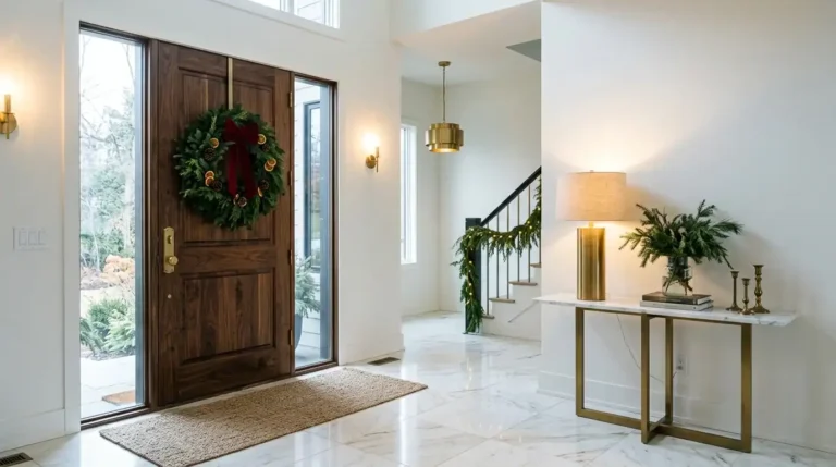 DIY Christmas wreaths: handmade evergreen wreath with velvet bow on a walnut front door
