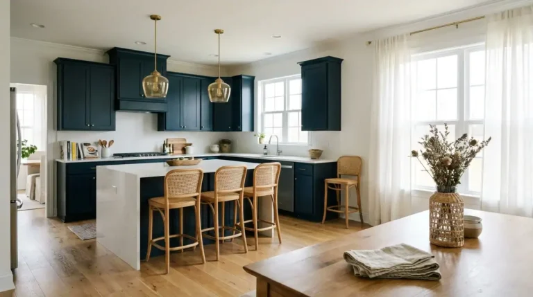Bright modern kitchen showing home decor trends 2027 with navy cabinets and cane stools