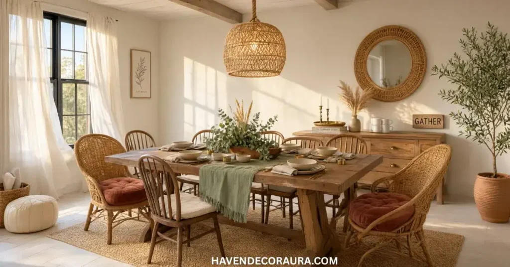 modern boho farmhouse dining room with rattan chairs and jute rug.