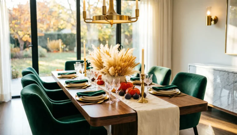 Elegant thanksgiving tablescape with linen runner, brass candlesticks, and low fall centerpiece
