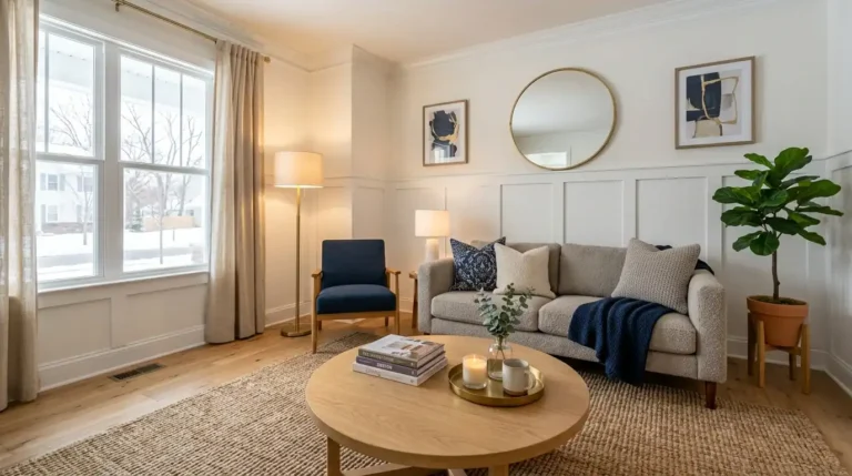 Wainscoting and beadboard styles in a modern living room with warm white panels