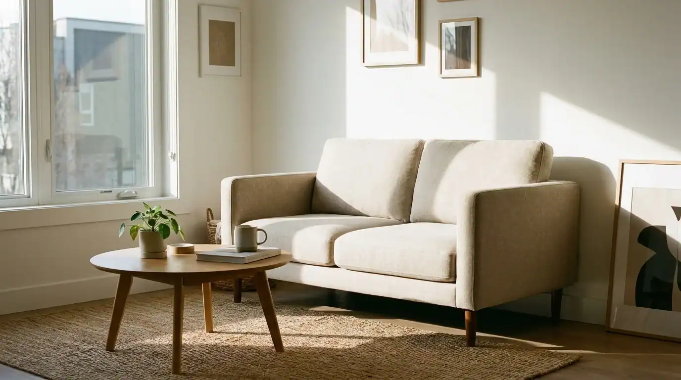 Small living room with a compact beige loveseat, one of the best sofas for small living rooms
