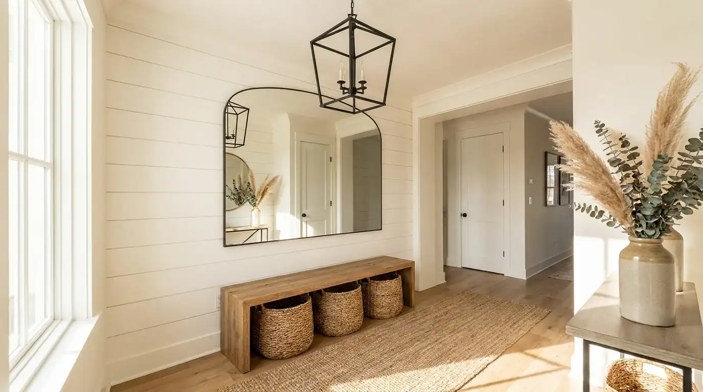 Modern farmhouse cozy entryways with warm white walls, an oak bench, and jute runner
