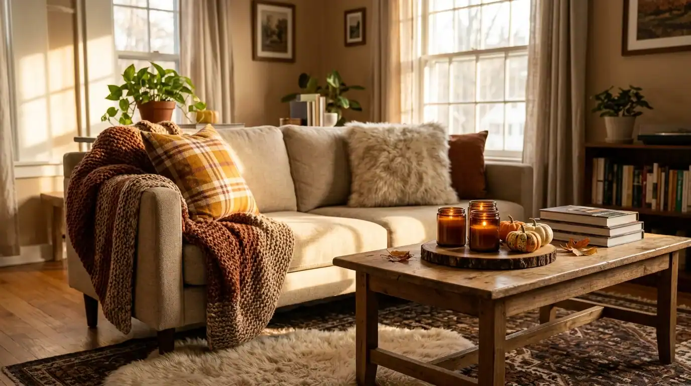 Cozy living room styled with warm fall home decor and soft candlelight