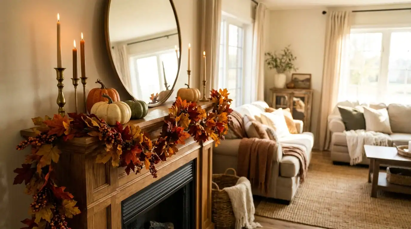 cozy finished fall mantle decor with garland, pumpkins, and candles